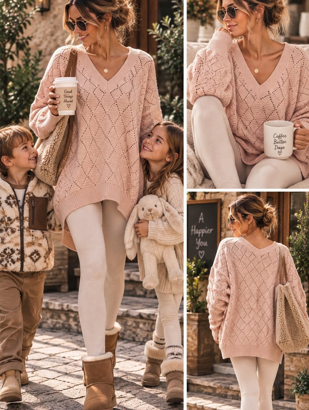 Miracle Women's Blush Openwork V-Neck Sweater